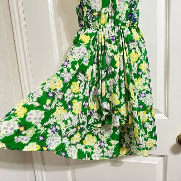 $375 REBECCA TAYLOR SILK FLORAL HIGH NECK FLUTTER GARDEN GREEN DRESS 0 FAIRY - Picture 3 of 14